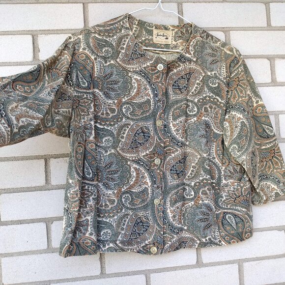 Vintage 60s Bolero Jacket Dress Topper 41"B Paisley Brown Green London Lassie - Picture 11 of 16